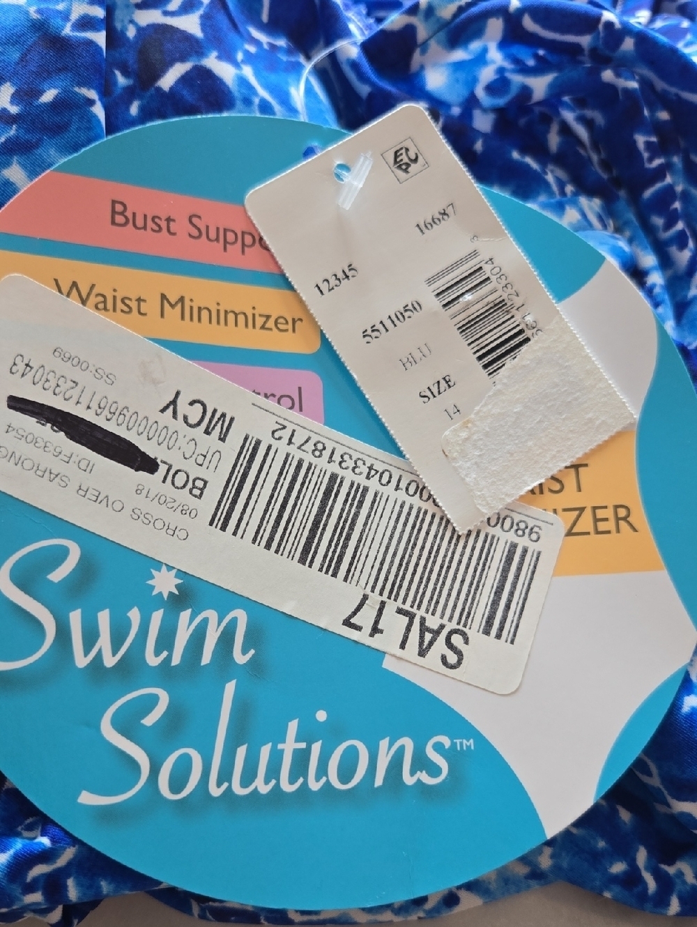 Swim Solutions Blue Patterned Scoop Back Twist-Front One Piece Swimsuit 14 NWT - Picture 8 of 8